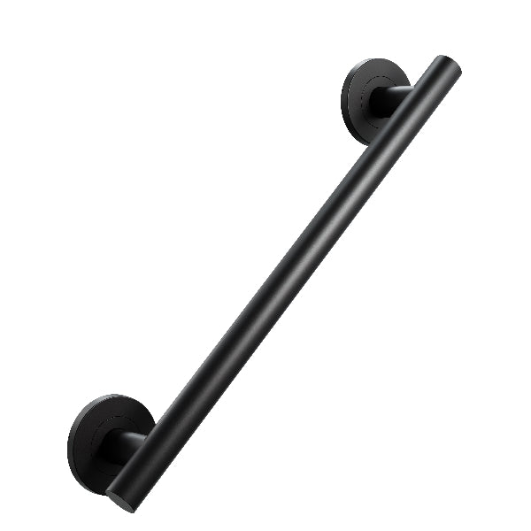 Black metal grab bar on a white background