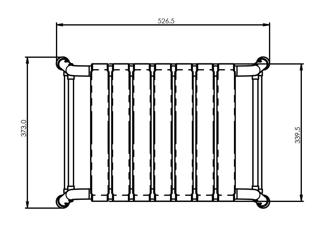 Technical drawing of a radiator with dimensions