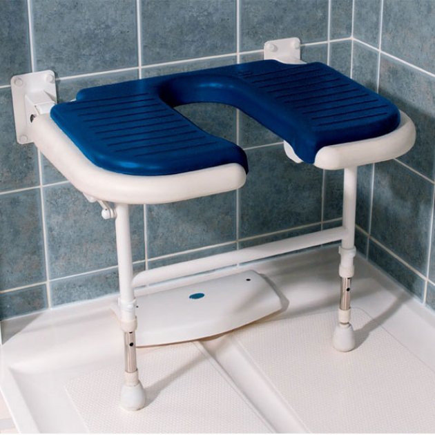 blue shower seat in shower