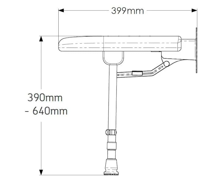 Technical drawing of a shower arm with dimensions labeled