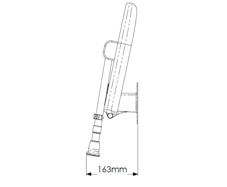 Technical drawing of a bat with dimensions on a white background