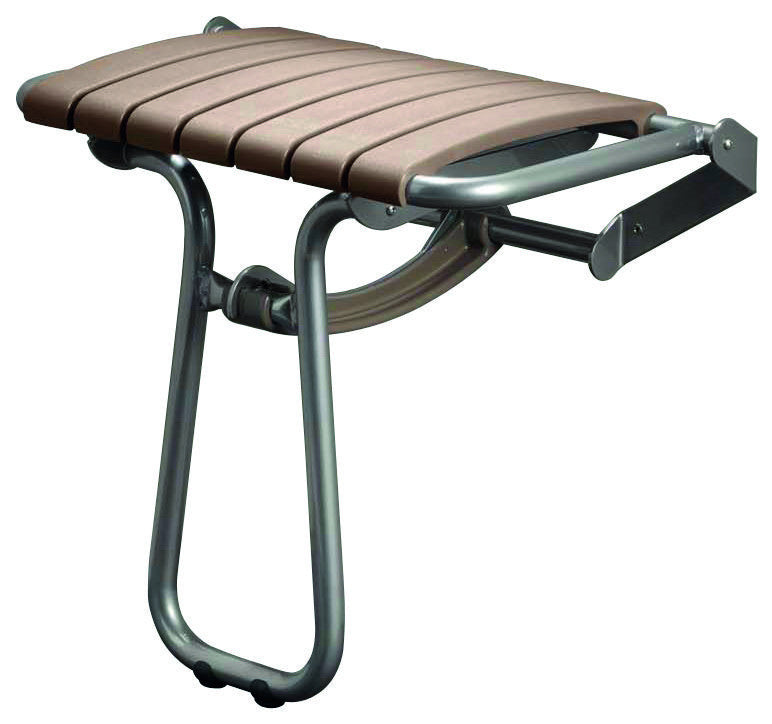 Foldable stool with brown seat and metal frame on a white background