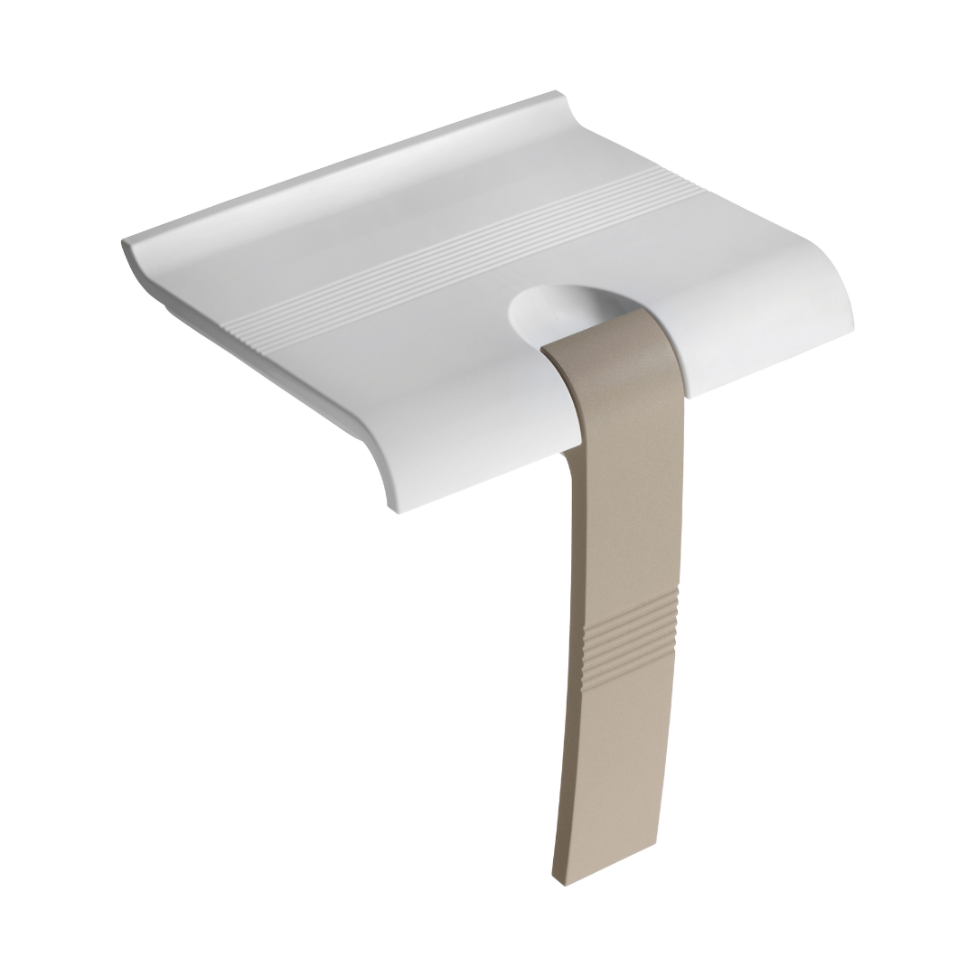 White and beige wall-mounted shower head on a white background