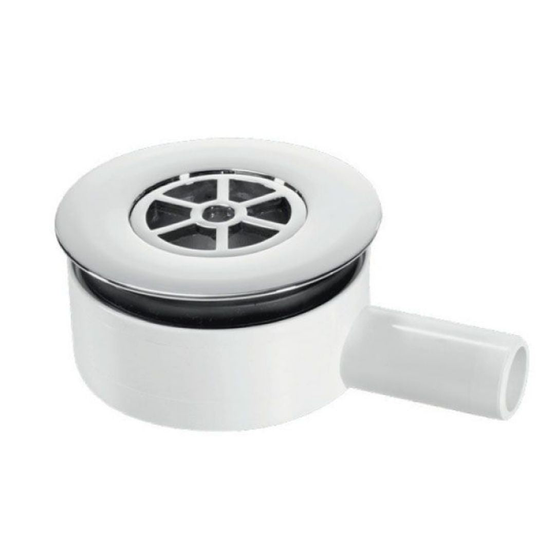 A white plastic bathroom drain assembly with a circular grate filter and a short outlet pipe, shown on a plain white background.