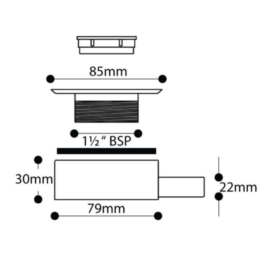 Technical dimension diagram of a drain with labeled measurements including 85mm, 79mm, 30mm, 22mm, 1.5 BSP, and 12mm on a white background.