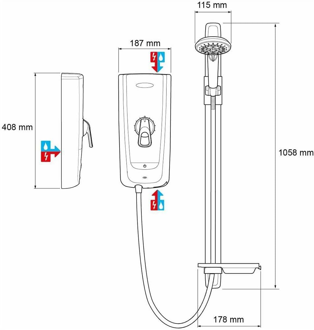 Technical drawing of a shower system with dimensions labeled