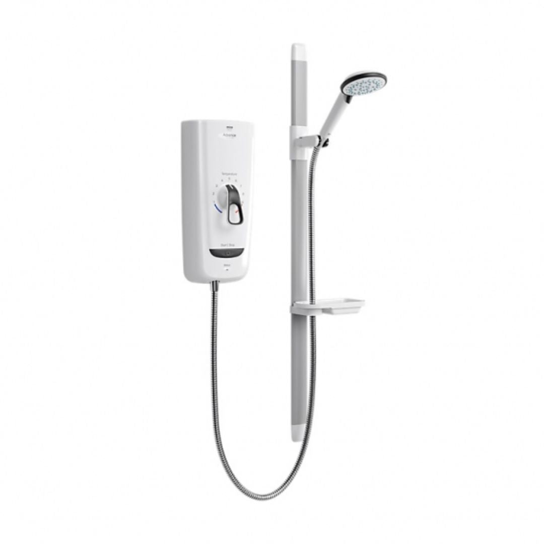 A wall-mounted shower system with a white control box, vertical bar, handheld shower head, hose, and small shelf, shown on a plain white background.