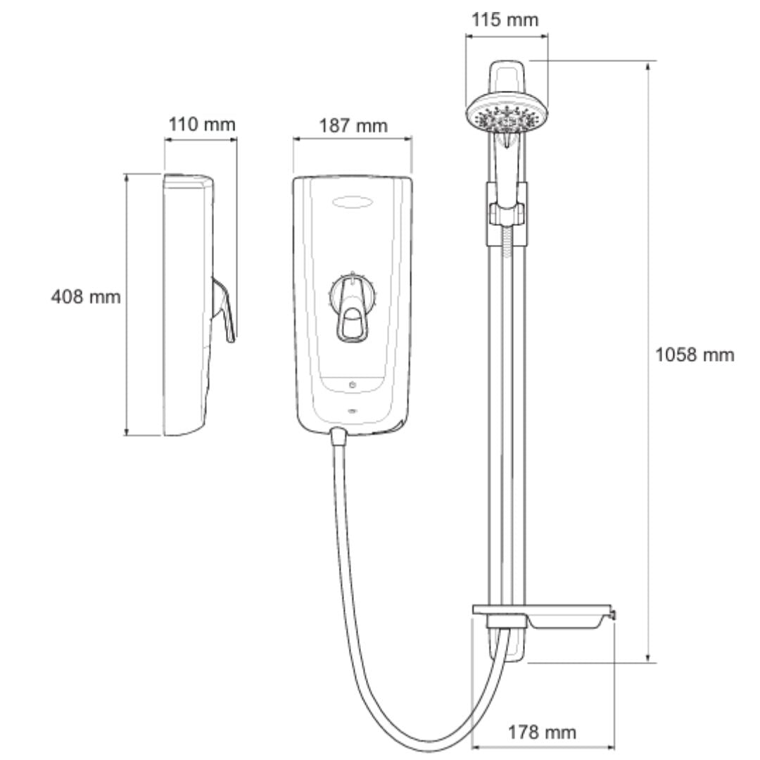 Black and white line drawing showing dimensions of a wall-mounted shower system, including shower head, hose, handheld shower, and wall unit with labeled measurements.