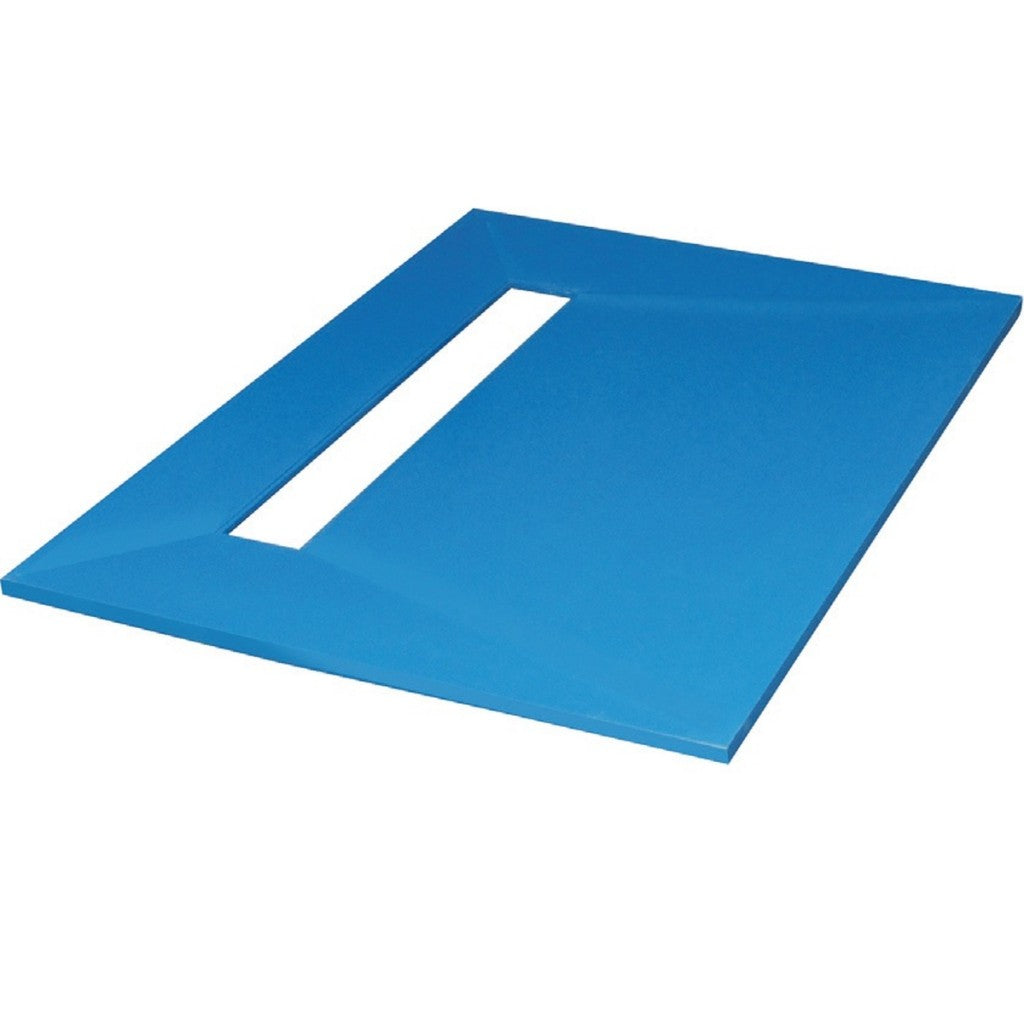A blue rectangular shower deck with a long horizontal slot cutout on the left side, shown on a plain white background.