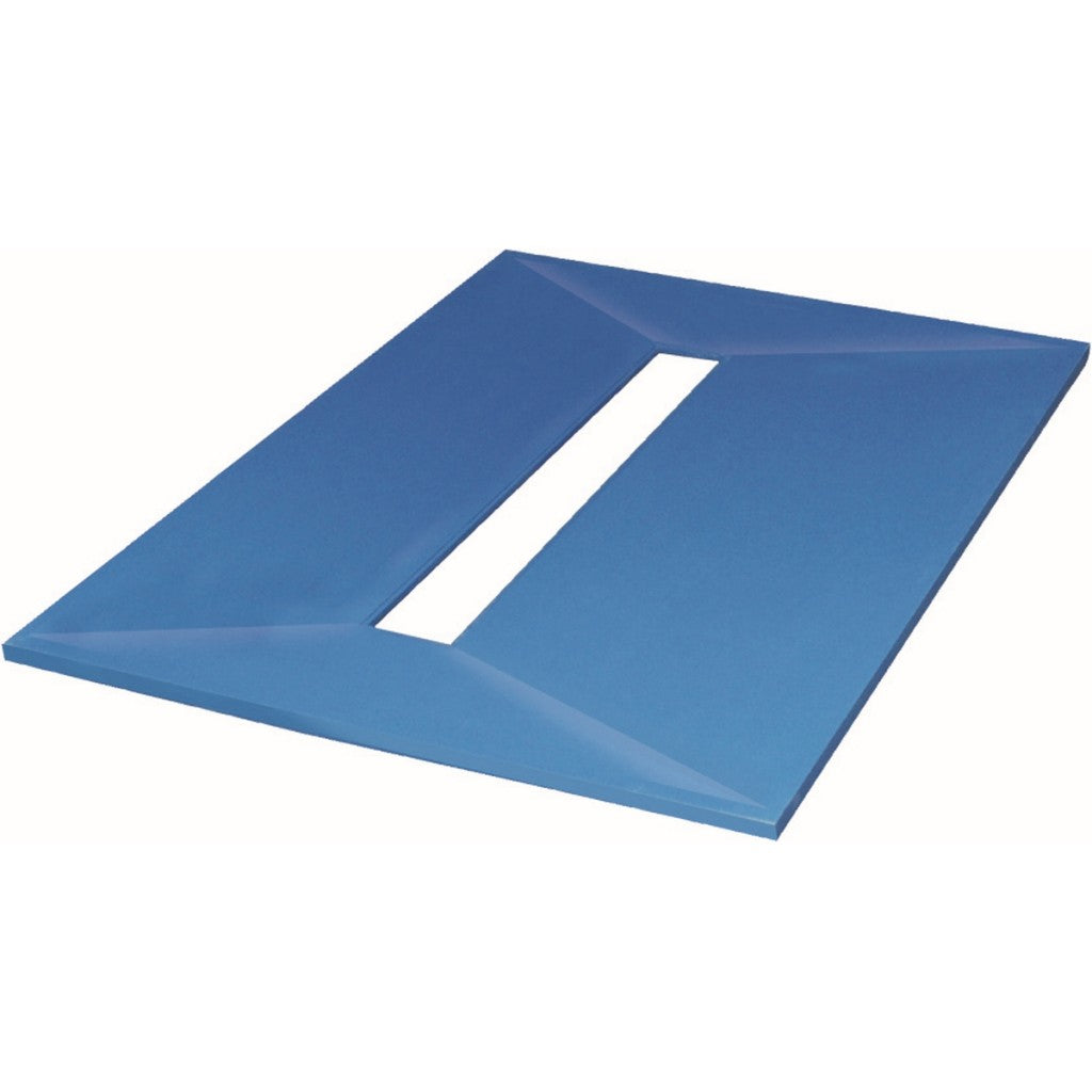 A blue rectangular shower deck with a long horizontal slot cutout in the middle, shown on a plain white background.