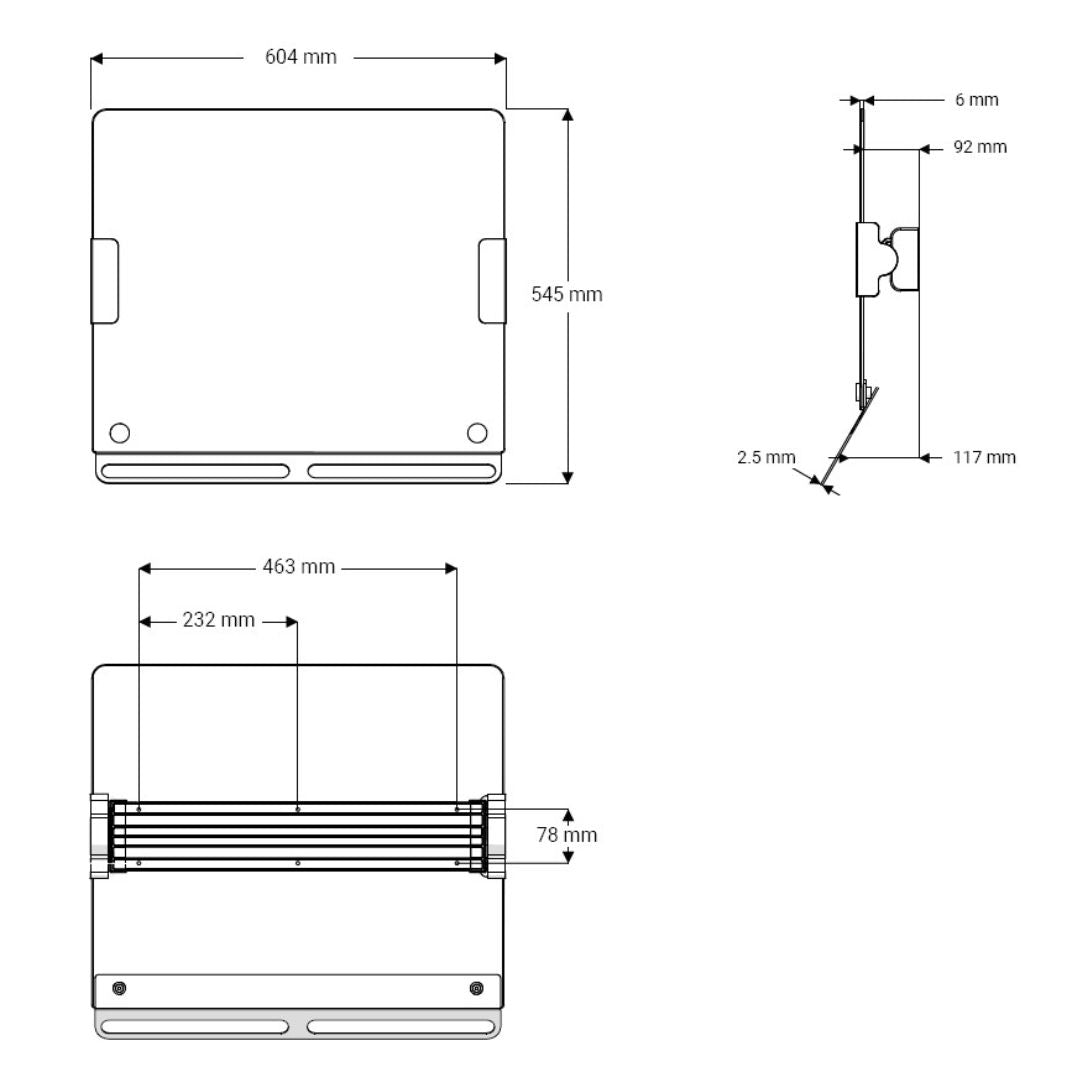 Technical dimension drawing of a rectangular mirror, showing front, top, and side views with measurements in millimetres on a white background.