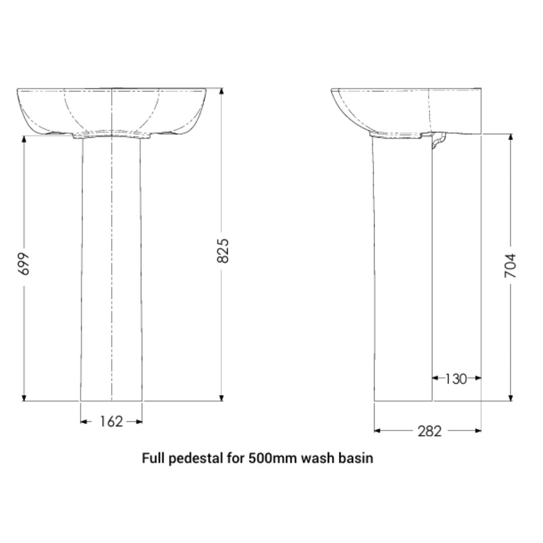 Technical dimension diagram of a pedestal sink base, showing front and side views with measurements for a 500mm wash basin, labeled with dimensions 699, 825, 162, 704, 130, and 282 on a white background.