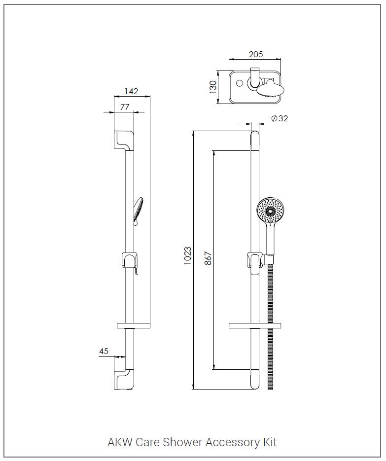 Technical drawing of a shower accessory kit with dimensions labeled