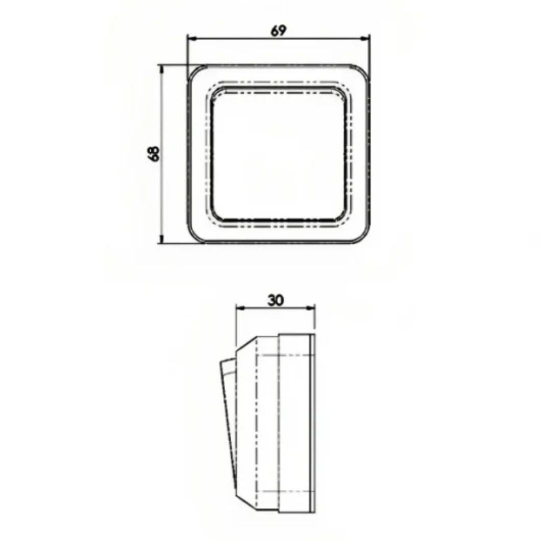 Technical dimension drawing of a square wall switch with rounded corners, showing top and side views with measurements 69, 68, and 30.