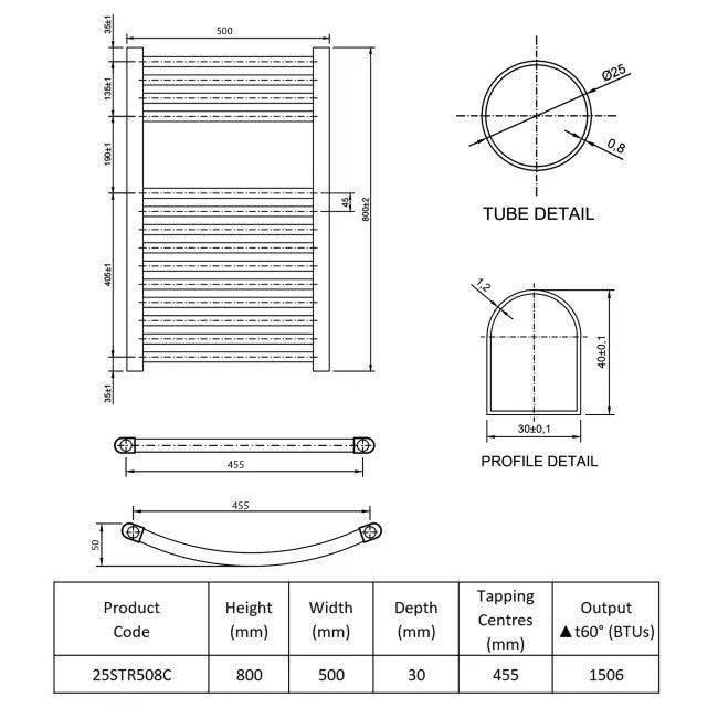 Technical drawing of a heating element with dimensions and product code.