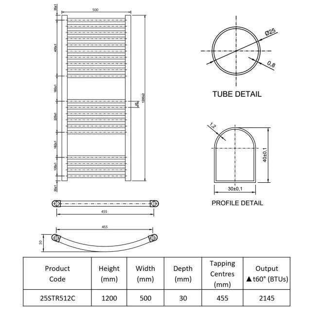Technical drawing and dimensions of a heating element with product code 25STR512C.