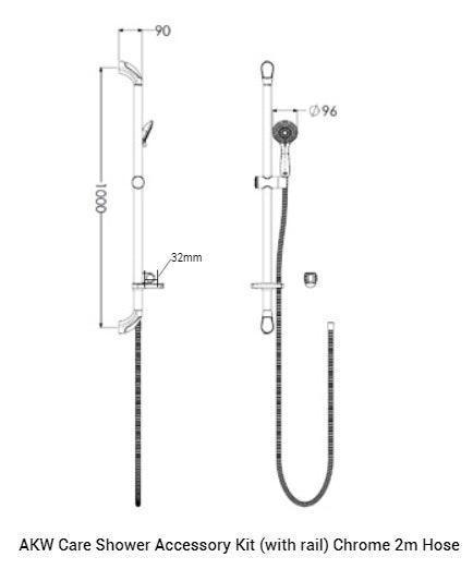 AKW Care Shower Accessory Kit with rail Chrome 2m Hose - Adaptation Supplies