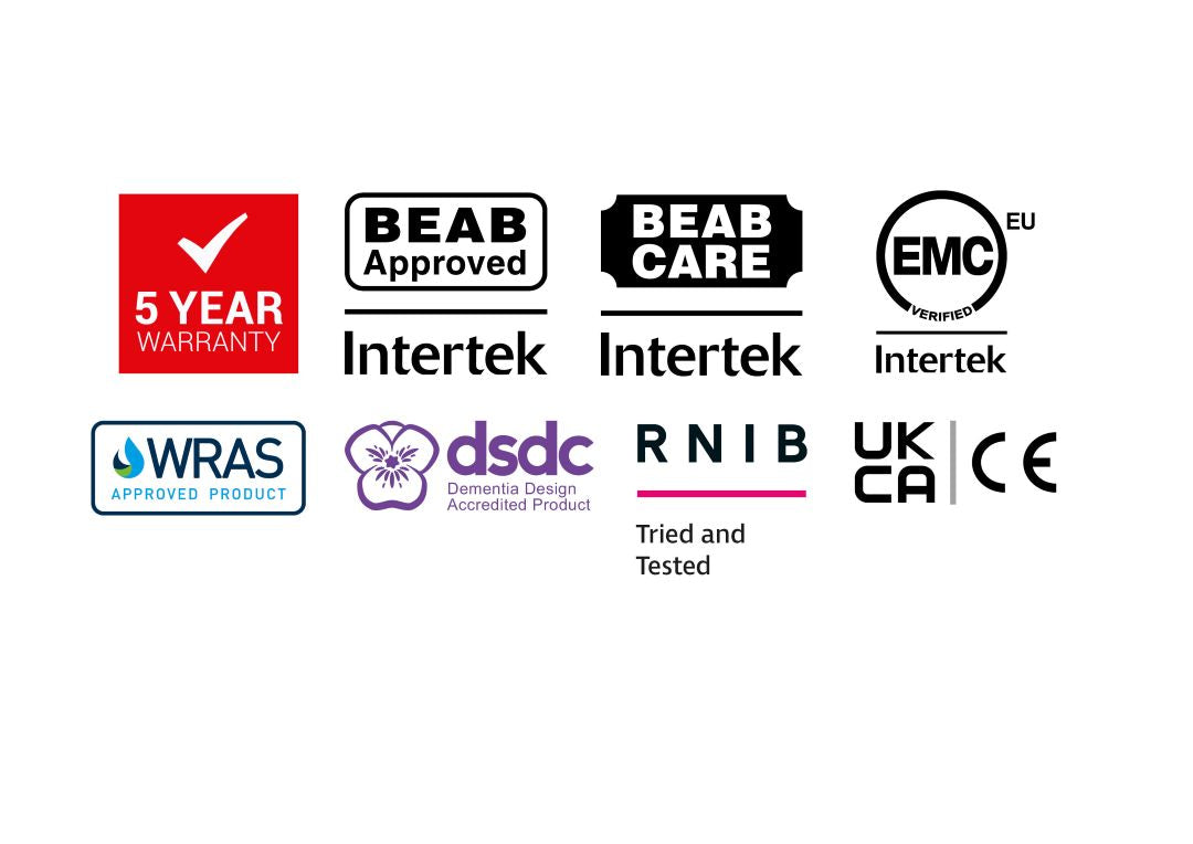 A collage of certification and approval logos on a plain white background, including 5 Year Warranty, BEAB Approved, BEAB Care, EMC Europe, WRAS Approved Product, dsdc Design Accredited Product, RNIB Tried and Tested, UKCA CE, and Intertek Intertek.