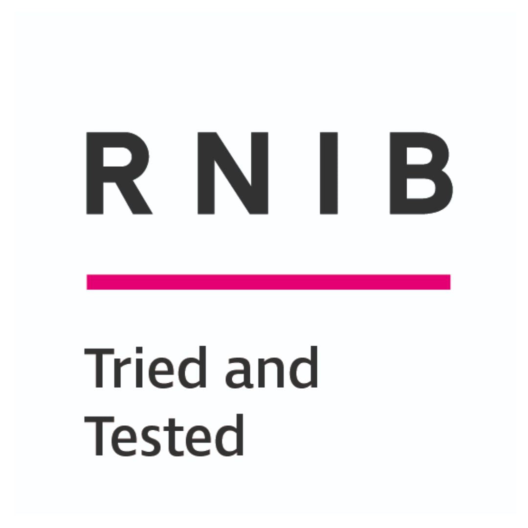 RNIB logo with the text 'RNIB' in dark gray, a bright pink horizontal line, and the words 'Tried and Tested' below on a white background.