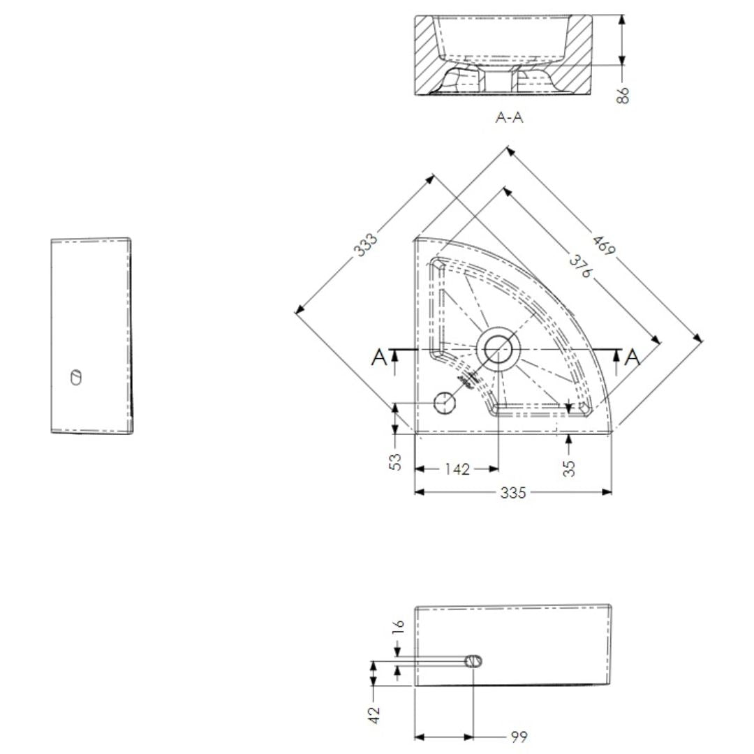 Technical dimension drawing of a wall-mounted sink basin with front and side views, including measurements and an A-A cross-section detail.