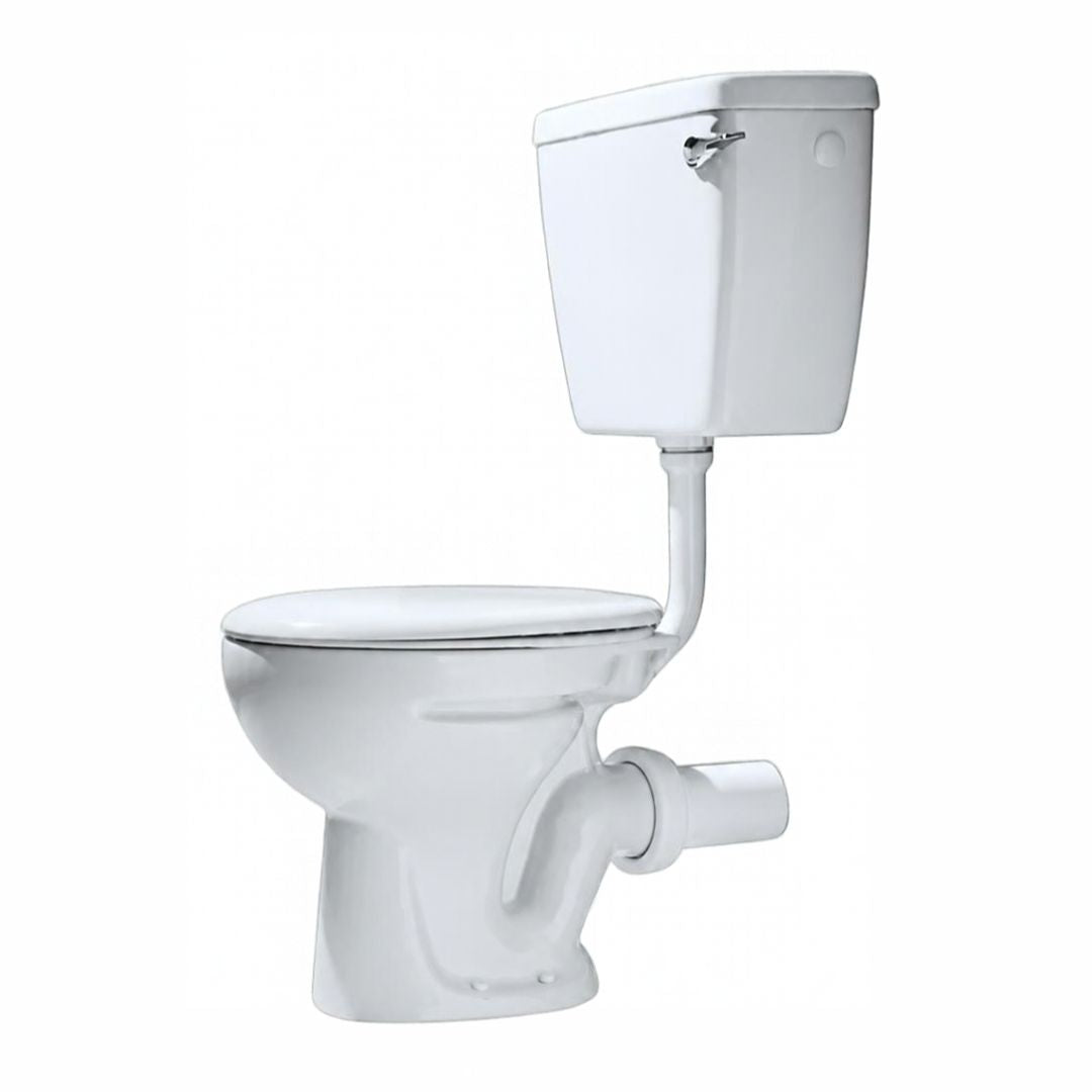 A white ceramic two-piece toilet set with a closed lid and seat, shown against a plain white background.