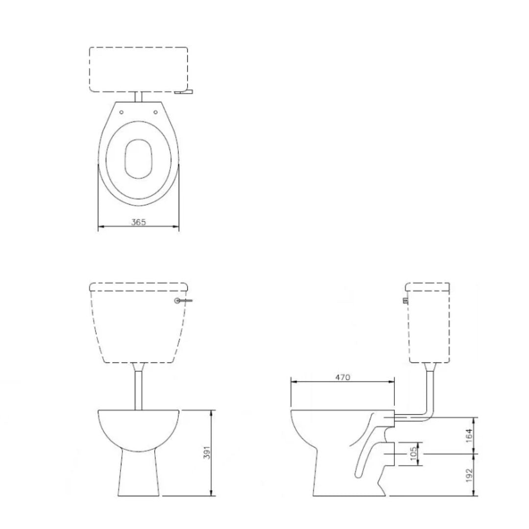 Technical line drawing showing multiple dimensioned views of a toilet, including top, front, and side profiles with measurements such as 365, 591, 470, 50, and 119.