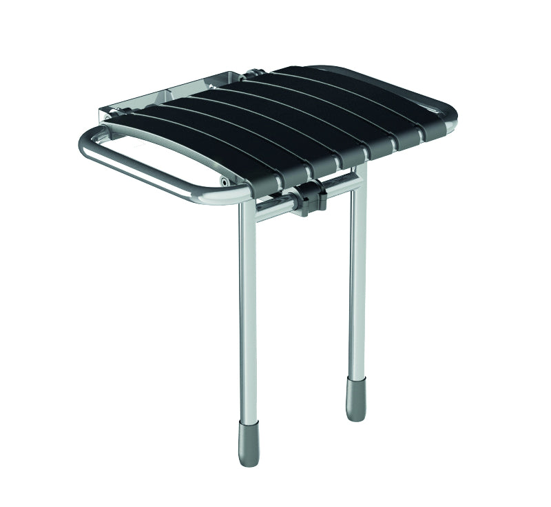 Black shower stool with metal frame on a white background