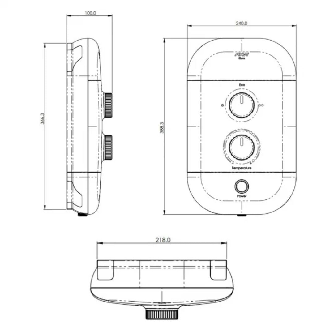 Technical line drawing showing three views of a round electronic shower unit with dimension labels and measurements on a white background.