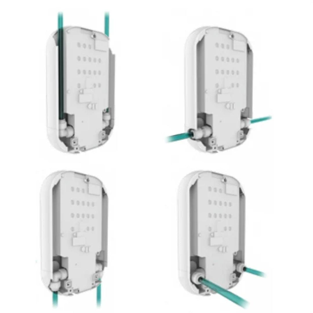 Four views of a white rectangular shower device with teal cables connected, shown on a plain white background.