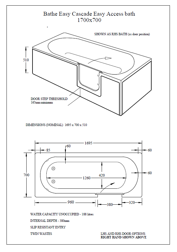 Technical dimension drawing of a bathtub with labeled measurements, cross-section view, and front elevation on a black background.