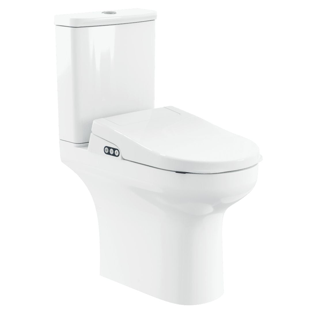 A modern white ceramic bidet toilet with a closed seat and a small control panel on the side, shown against a plain white background.
