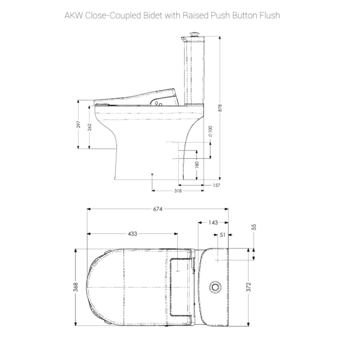Technical dimension drawing of a close-coupled bidet toilet with raised push button flush, showing side and front elevations with measurement labels on a white background.