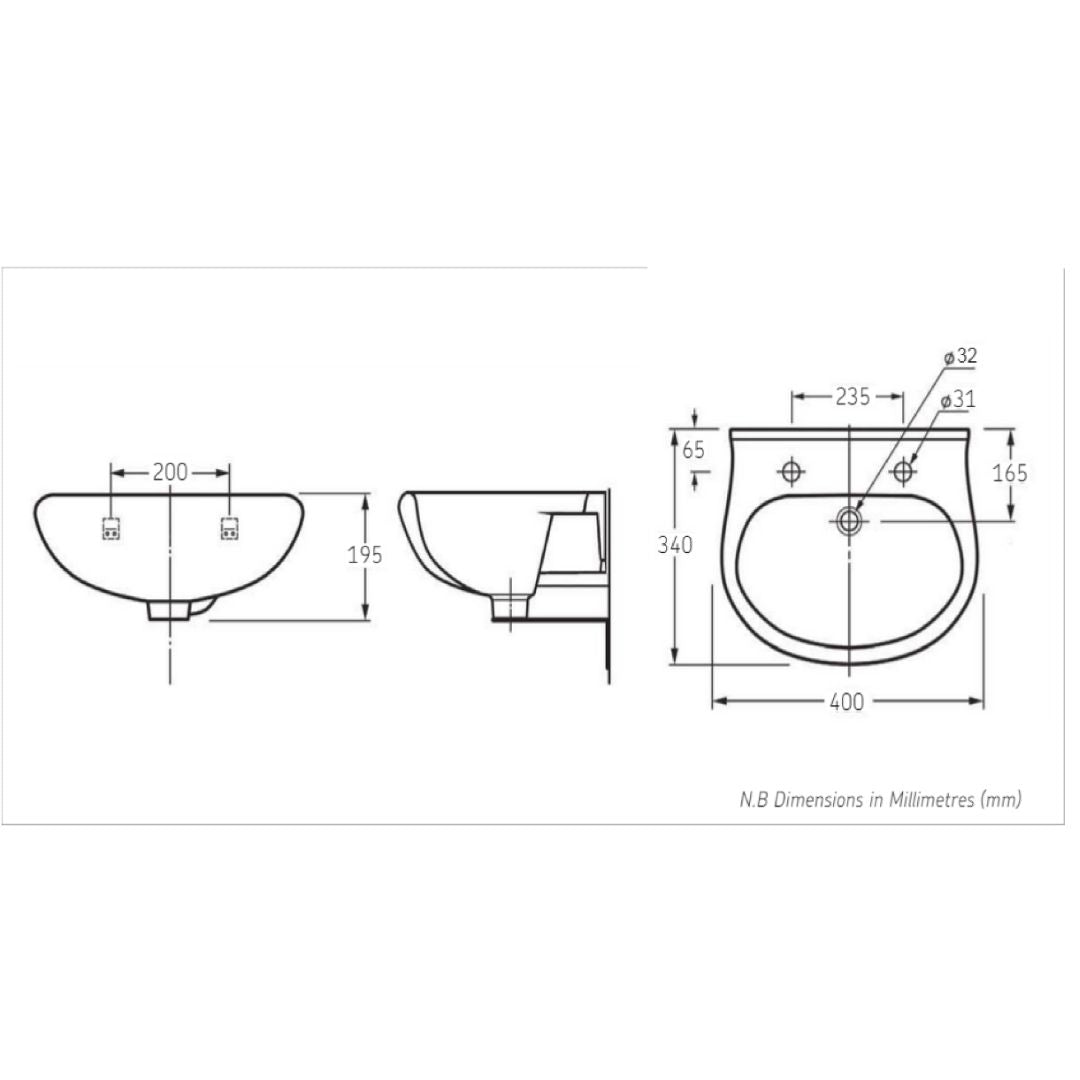 Technical dimension drawing of a wall-mounted bathroom sink basin, showing front, side, and top-down views with measurements in millimeters on a white background.