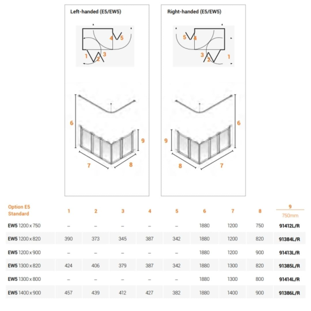 Technical drawing of shower screens showing dimensions by product number