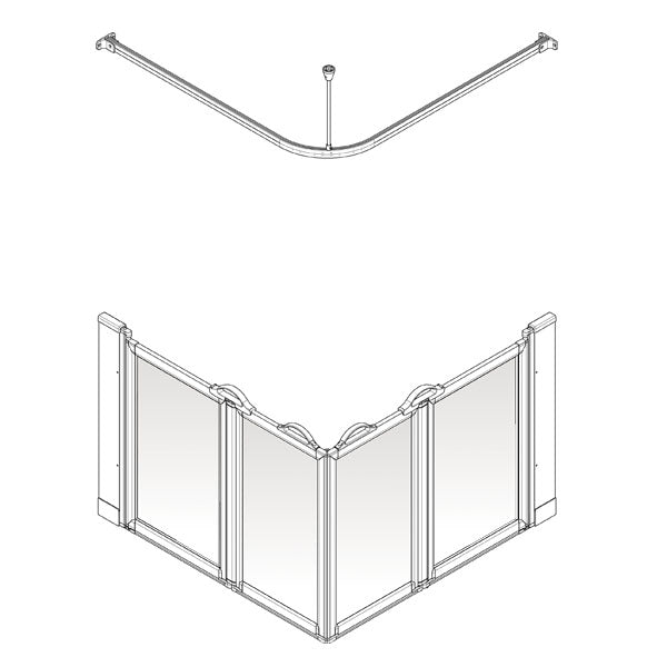 Diagram of a corner shower enclosure with a fixed panel and sliding door on a white background
