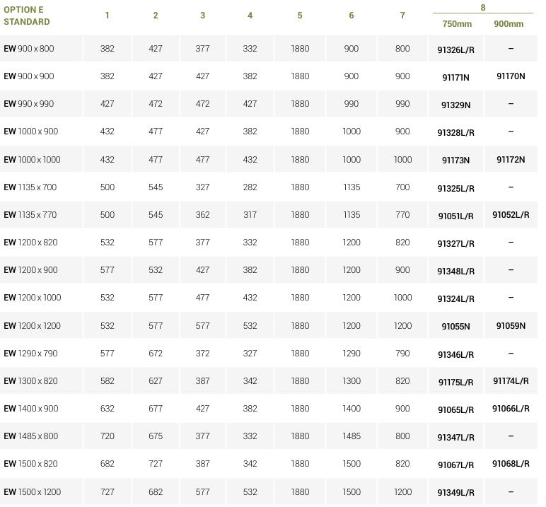 Table with product dimensions and specifications in a grid format.