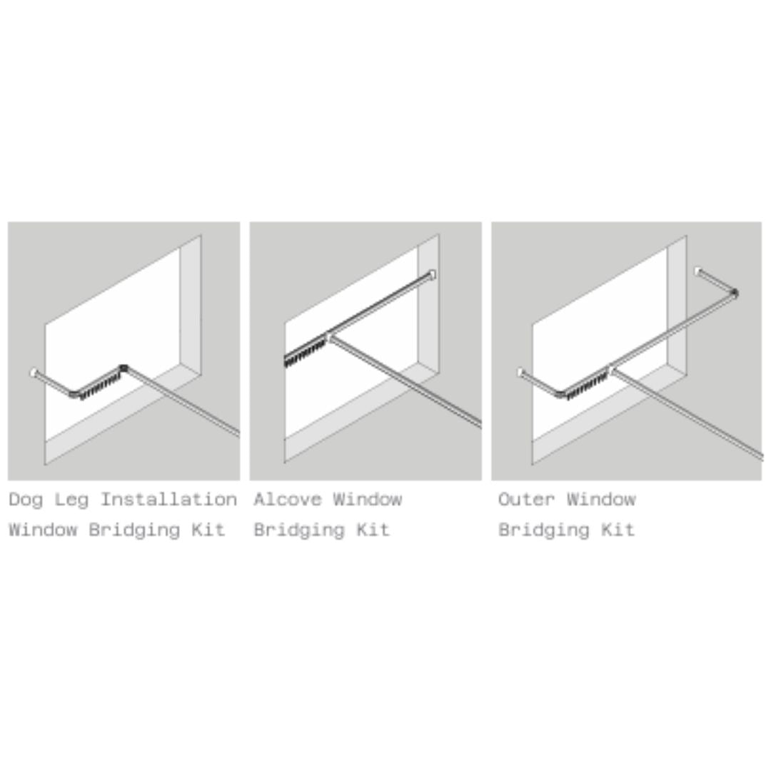 Bridging kit showing 3 installation options, including dog-leg, alcove and outer window.