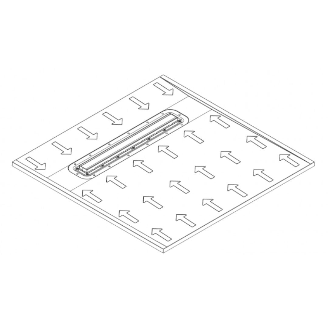 Diagram showing water flowing towards the drain in 2 directions for the Linear 2 Aqua Dec