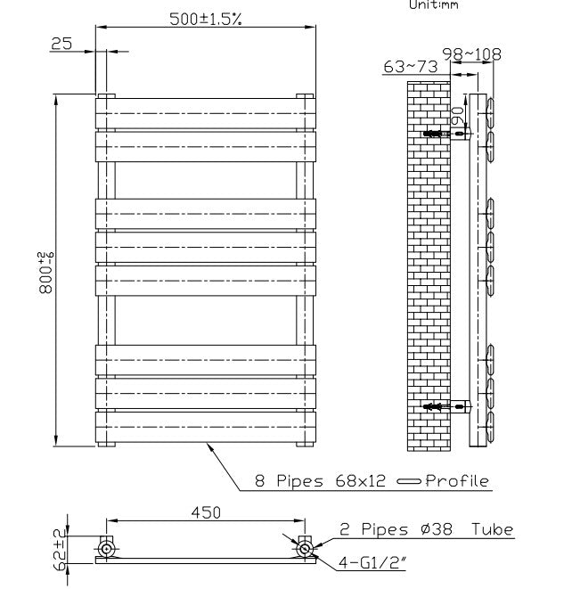 Technical drawing of a radiator with dimensions and pipe details