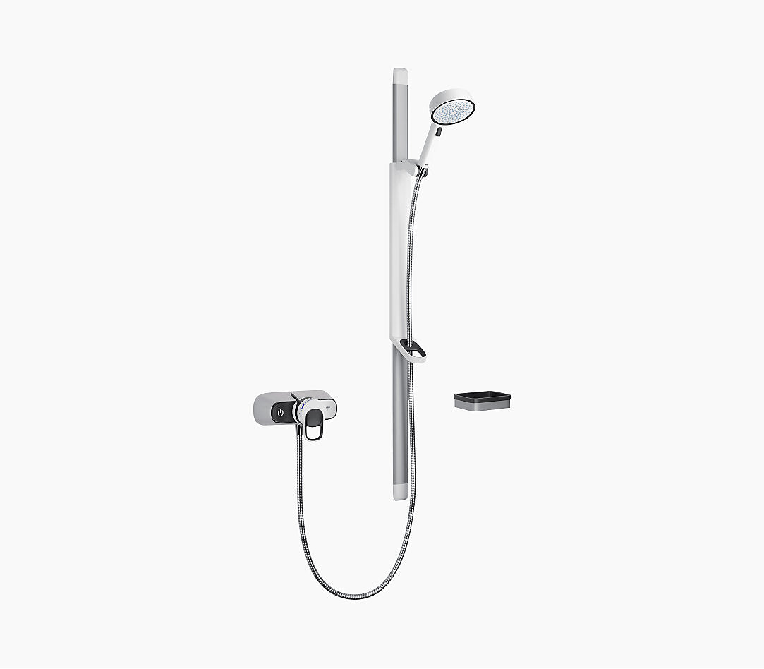 Chrome shower set with handheld shower and control handle on a white background