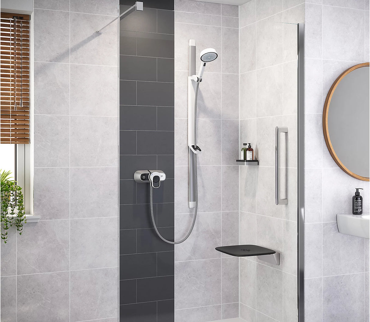 Modern bathroom with shower setup, including a handheld shower head and control panel.