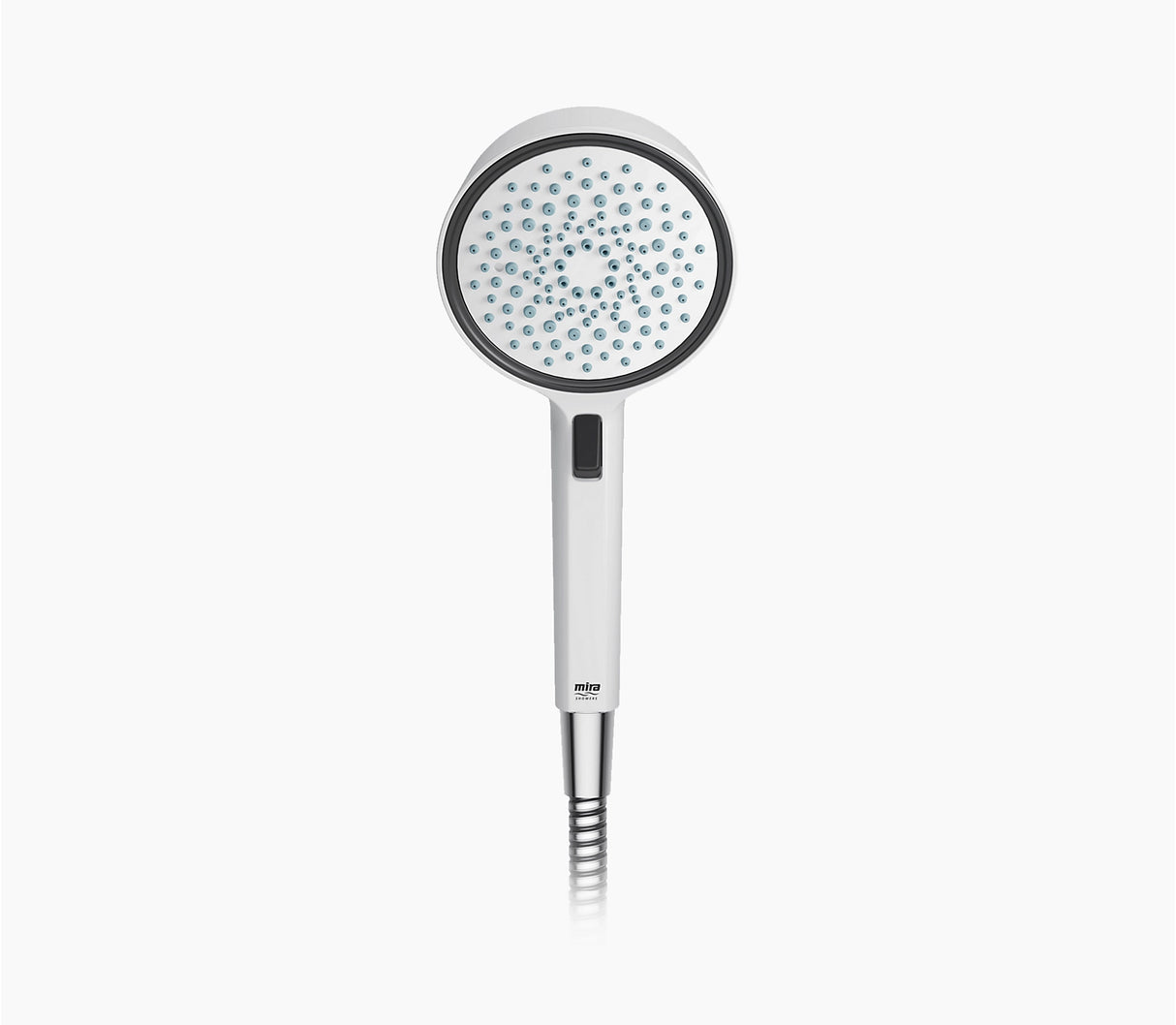 White shower head with black nozzle on a white background