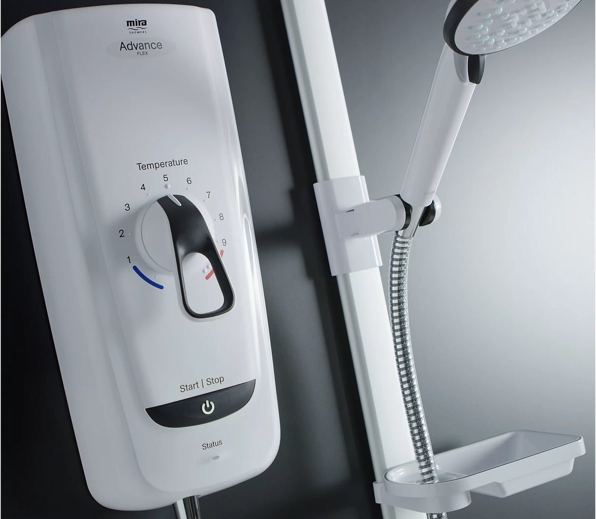 Close-up of Mira Advance Flex Extra thermostatic control dial with tactile markings and temperature settings