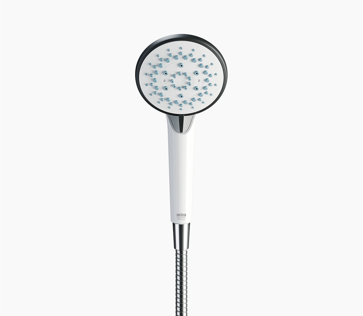 Shower head with a white base and black top on a white background
