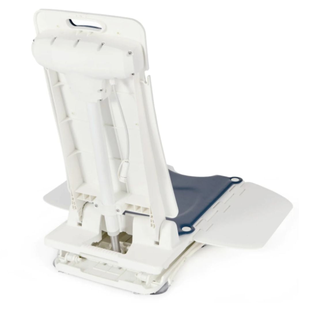 A white adjustable bath lift with a dark blue mattress pad and side rails, shown on a clean white background.