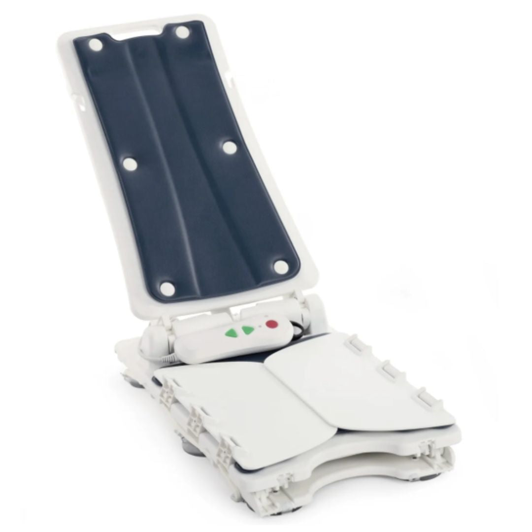 A white plastic folding bath lift, shown open on a plain white background.