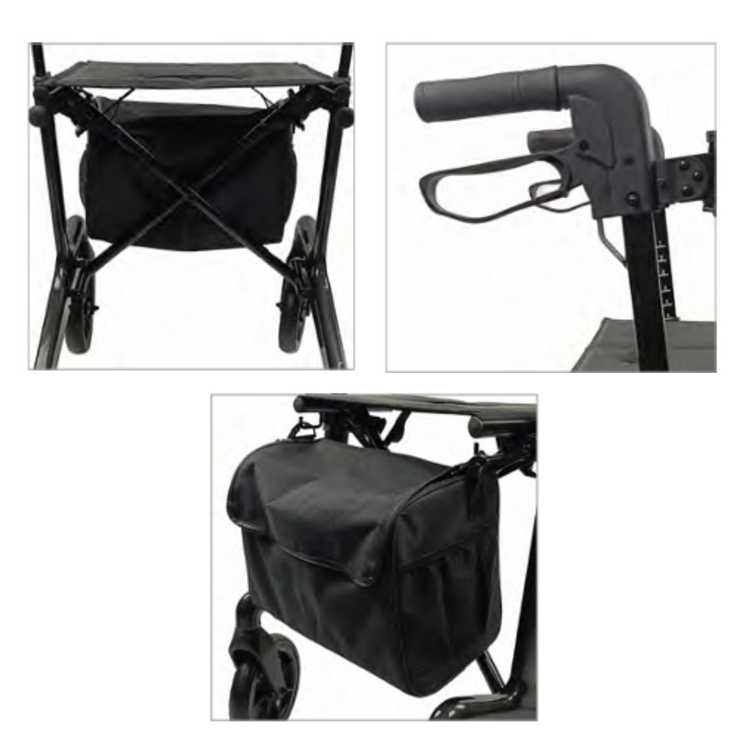 Black bag attached to a walker with close-up details on a white background