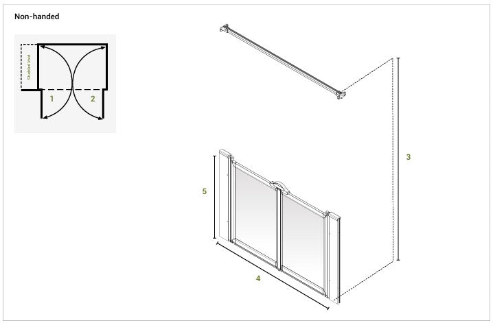 Technical drawing of a non-handed shower screen with dimensions labeled.