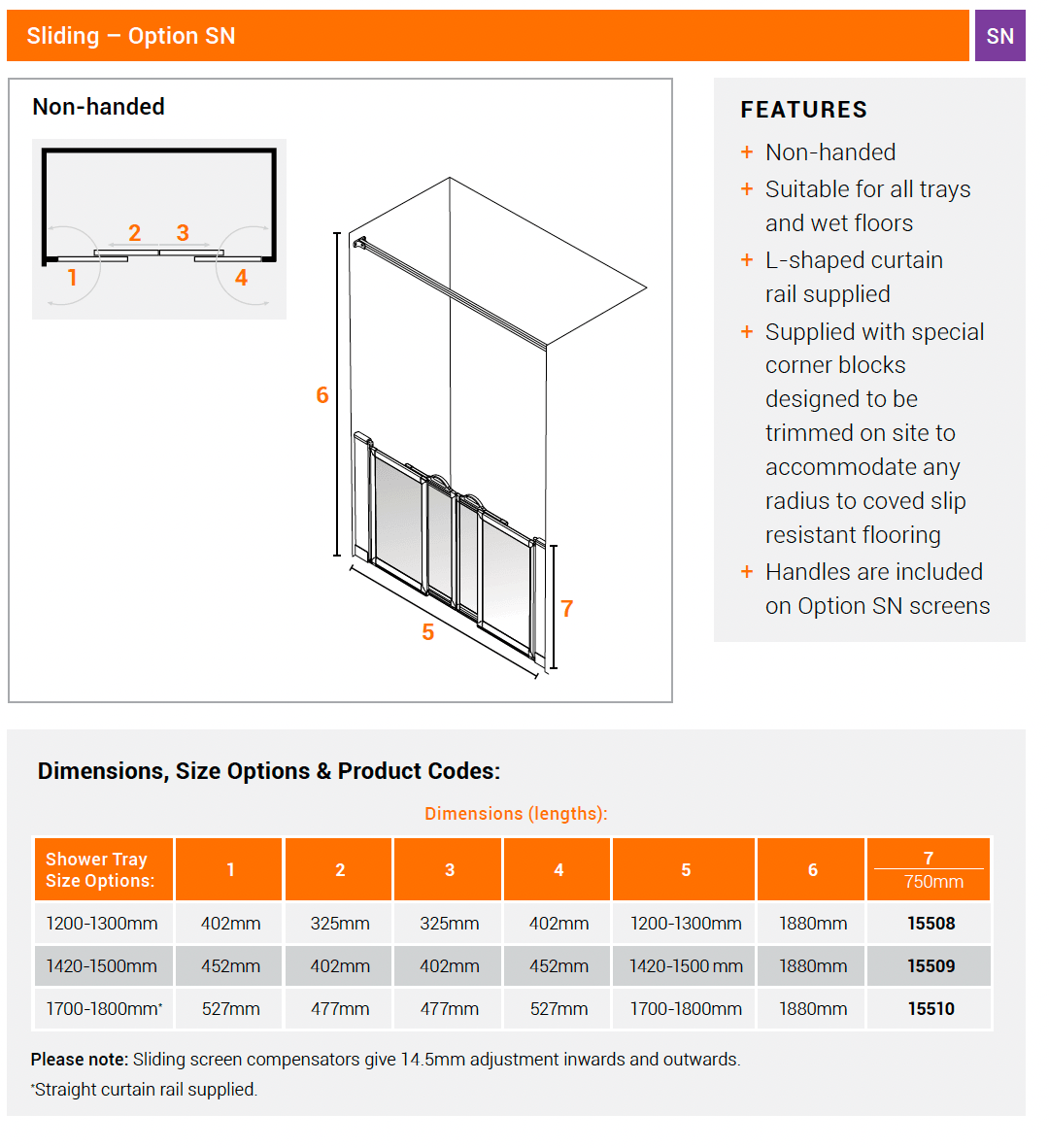 AKW Option SN Sliding Door Half Height Shower Screens 750mm Care Screens