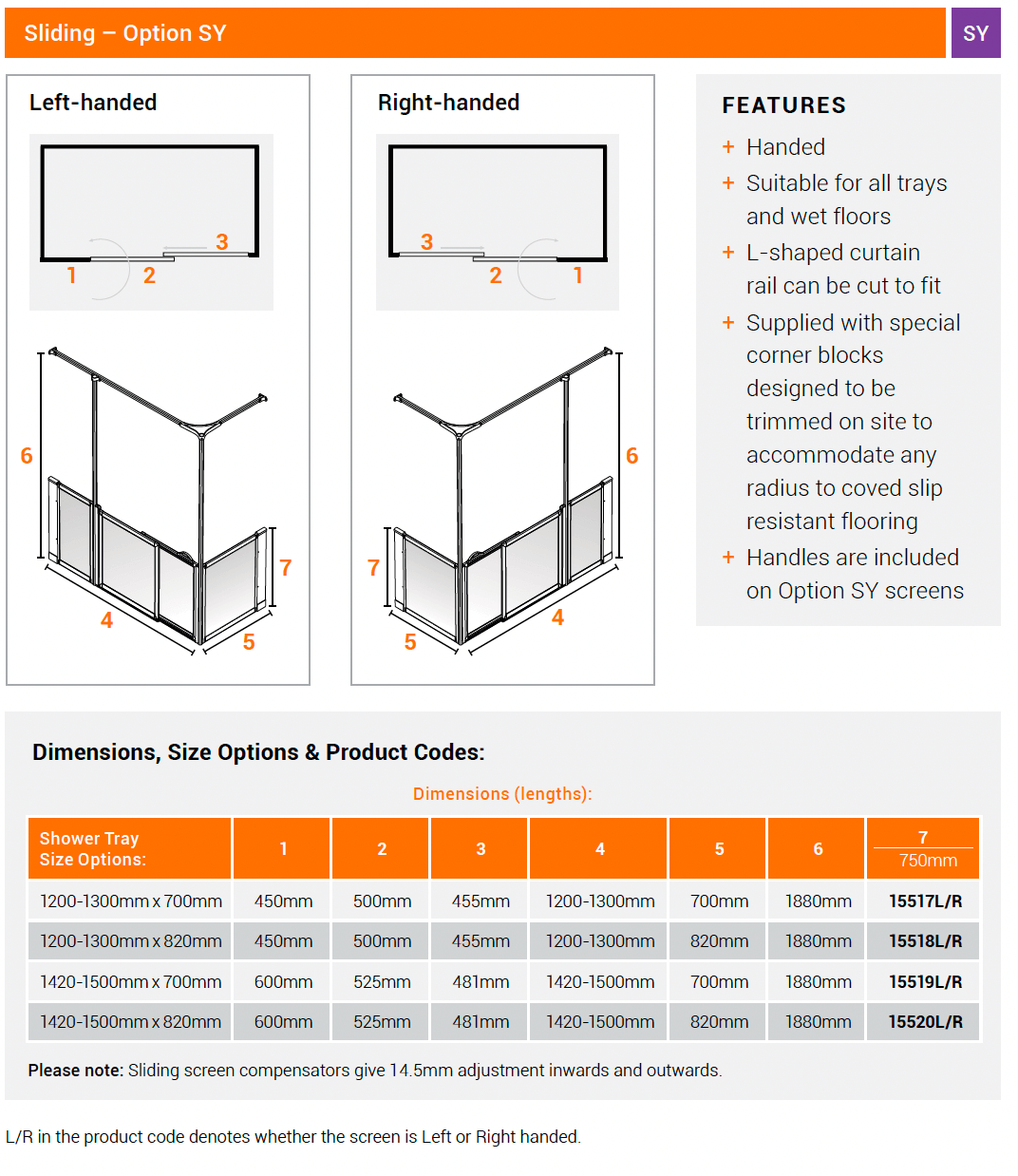 AKW Option SY Sliding Door Half Height Shower Screens 750mm Care Screens